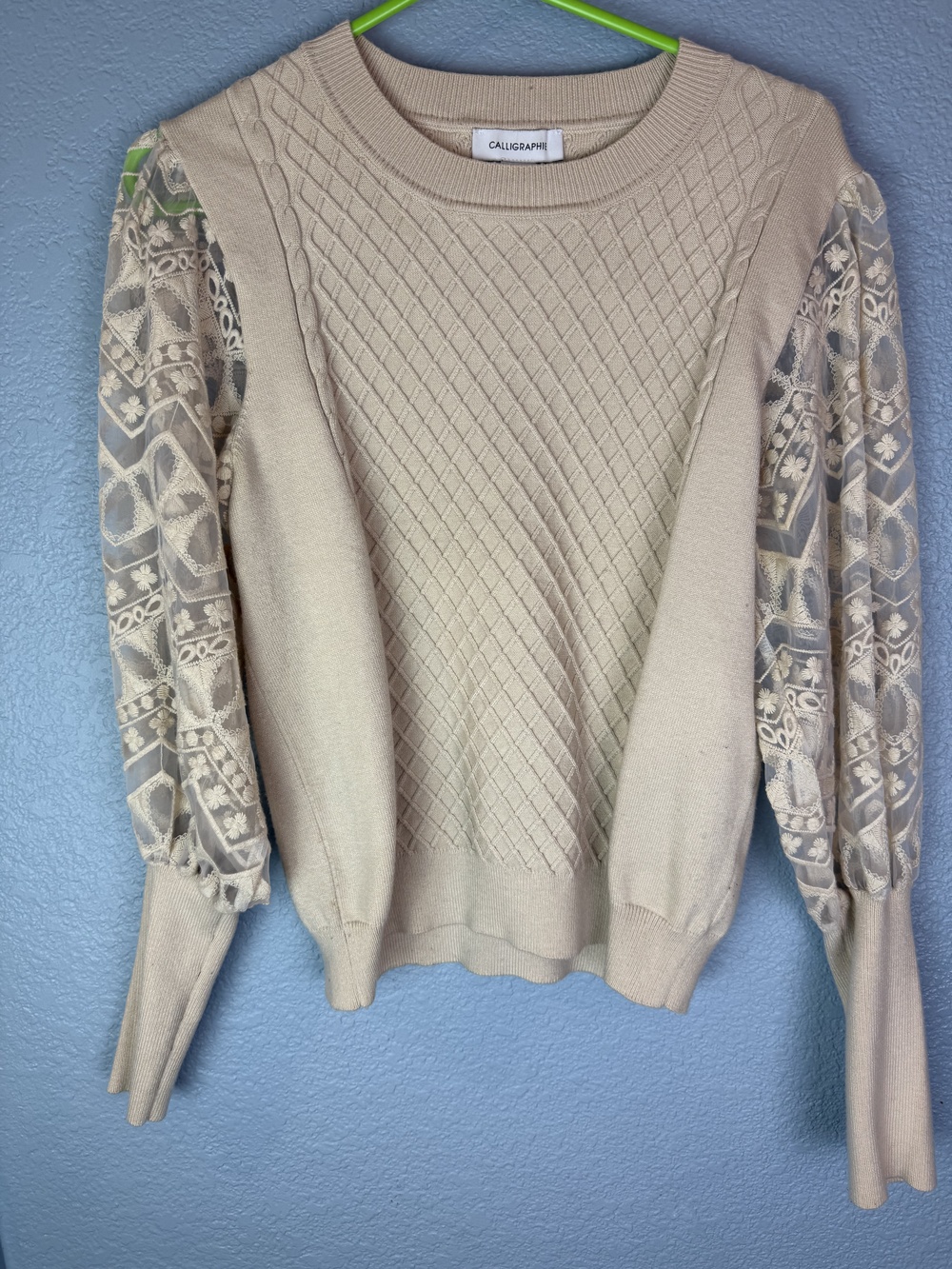 Calligraphie Sweater Womens Medium Embroidered Sheer Lace Balloon Sleeve Pullove